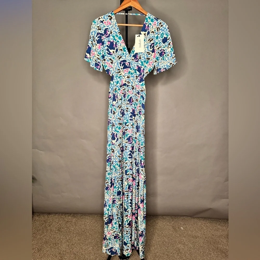 ba&sh NWT Ova Maxi Dress Floral Print Open-Back Backless Flowy Blue White XS / 0 - Picture 4 of 11
